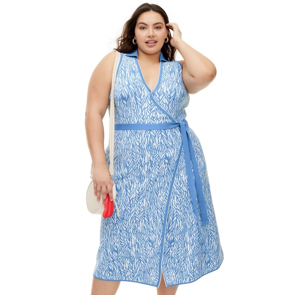 Diane Von Furstenberg X Target Sea Twig Print Knit Wrap Midi Dress Blue XXL